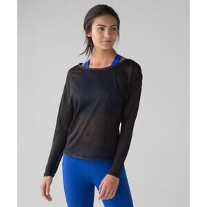 Lululemon Athletica Sz 8 Top Lean In Long Sleeve Black Sheer Striped Mesh FLAWS